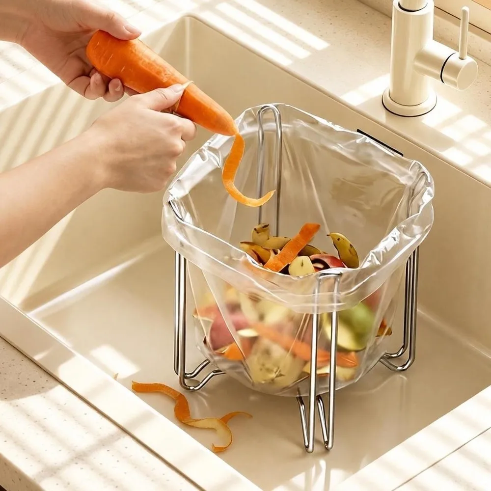 Stainless Steel Garbage Bag Holder Folding Portable Trash Bag Rack Space Saving Multifunctional Waste Organizer Stand