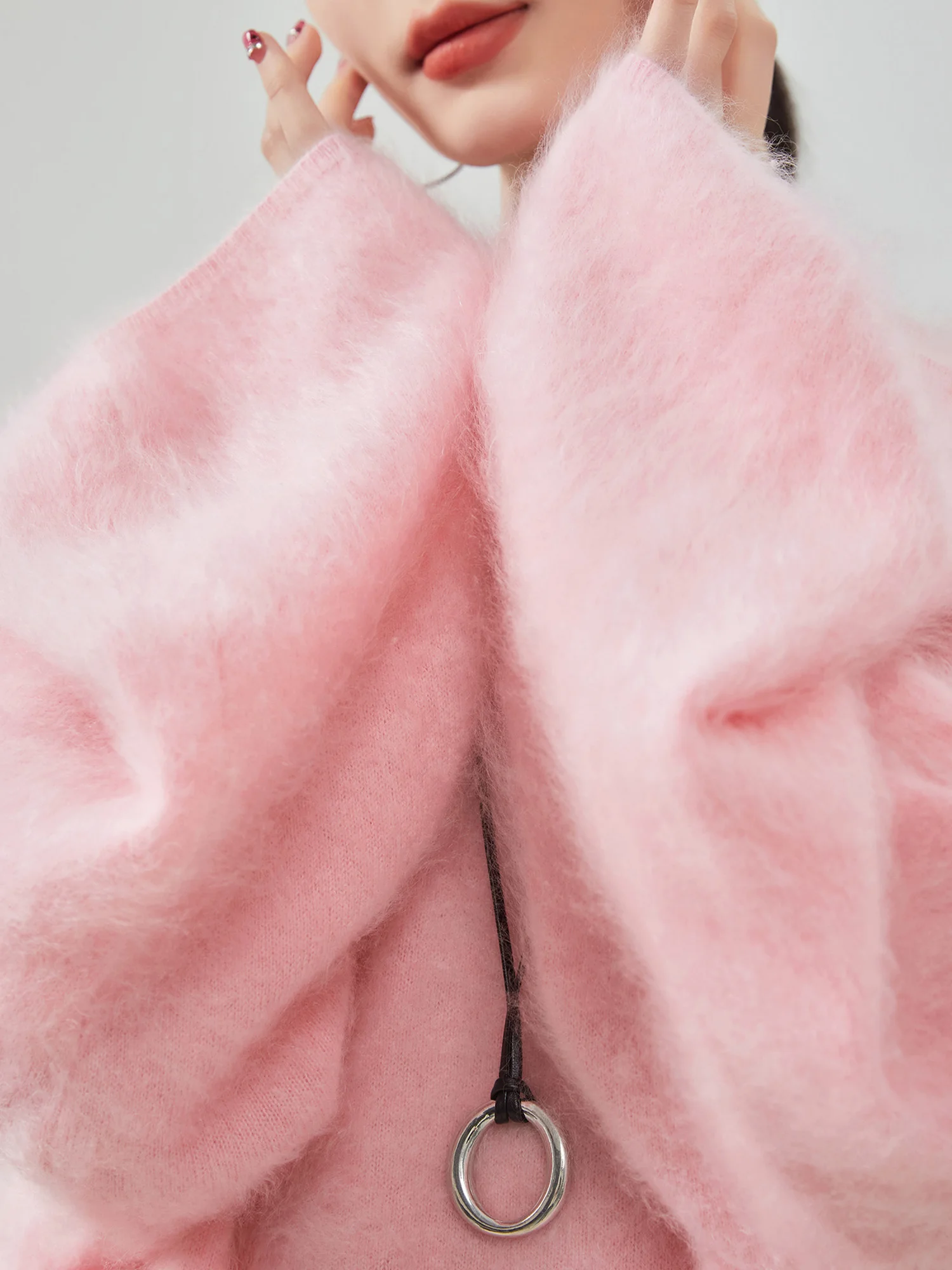 

Розовый пушистый круглый пуловер Ne, вязаный свитер, женский свободный ленивый свитер, мягкие плечи, зимнее новое поступление, удобный вязаный свитер...