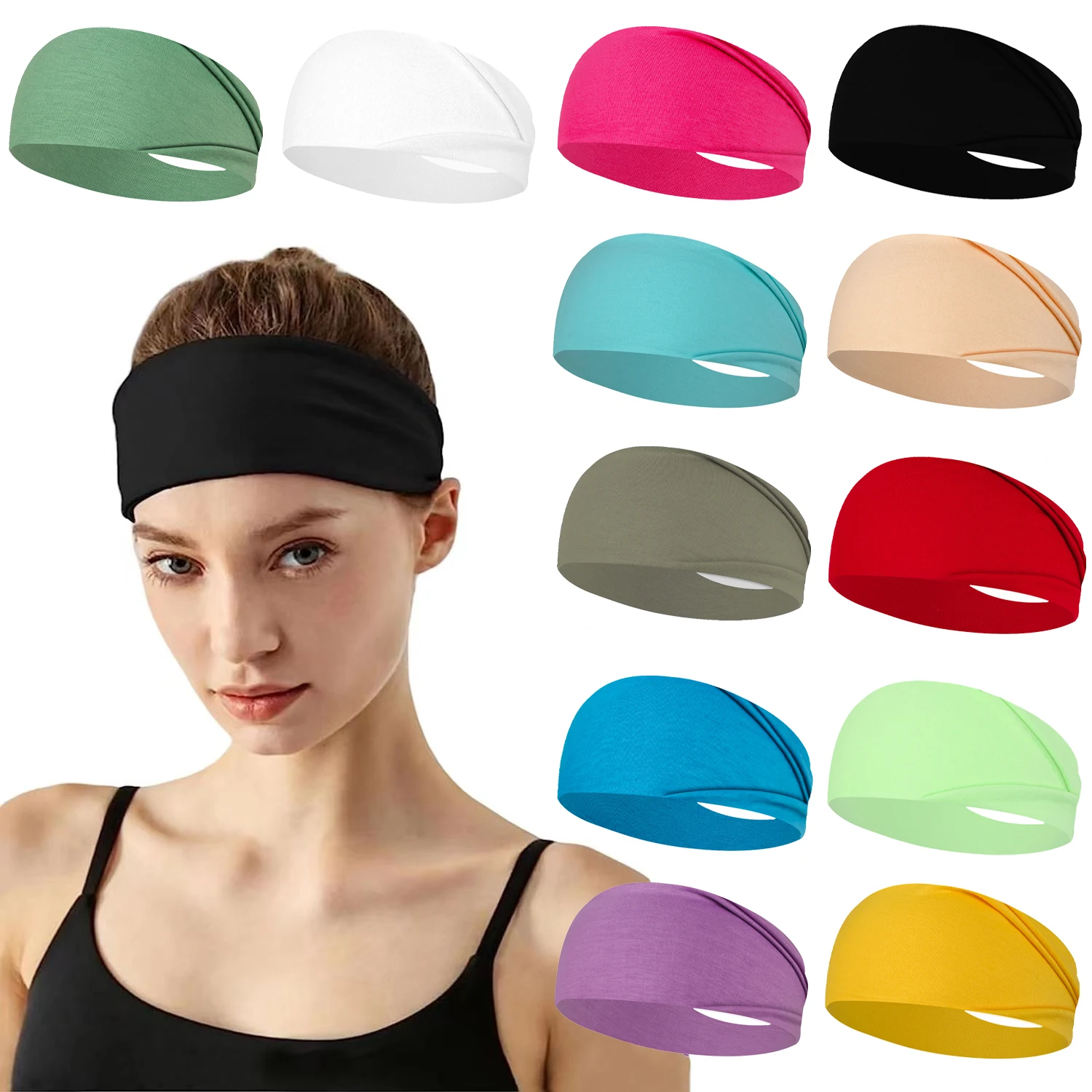

12-PIECE European and n sports hair band Yoga sweat band men and women running fitness head with elastic cotton headband solid c