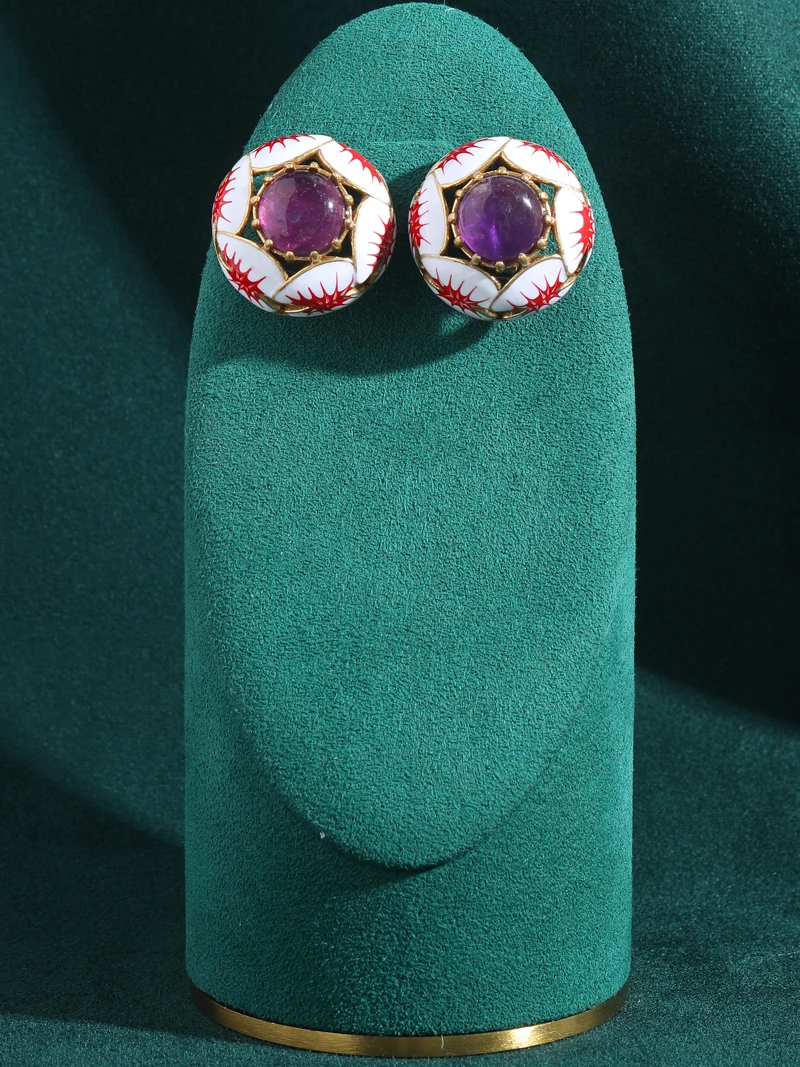 Vintage Purple Glass Stud Lotus Pink Earrings Flower With Antique Luxury Natural Stone For Woman Jewelry High Quality Designer