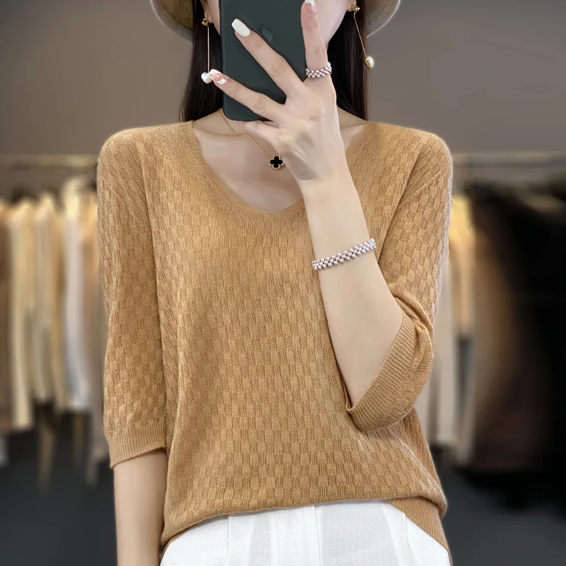 

Summer new V-neck fashionable loose fitting seamless jacquard cashmere knitted T-shirt for women