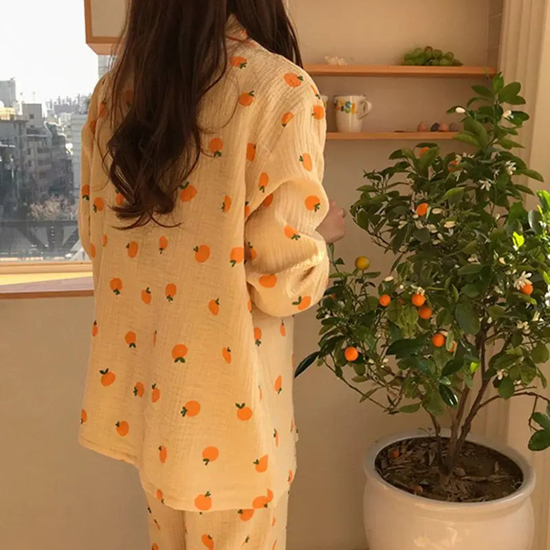 Orange Print Sleepwear Women Pajama Sets Korean Style Summer 2 Pieces Night Wears for Sleeping Student Cute Home Pajamas