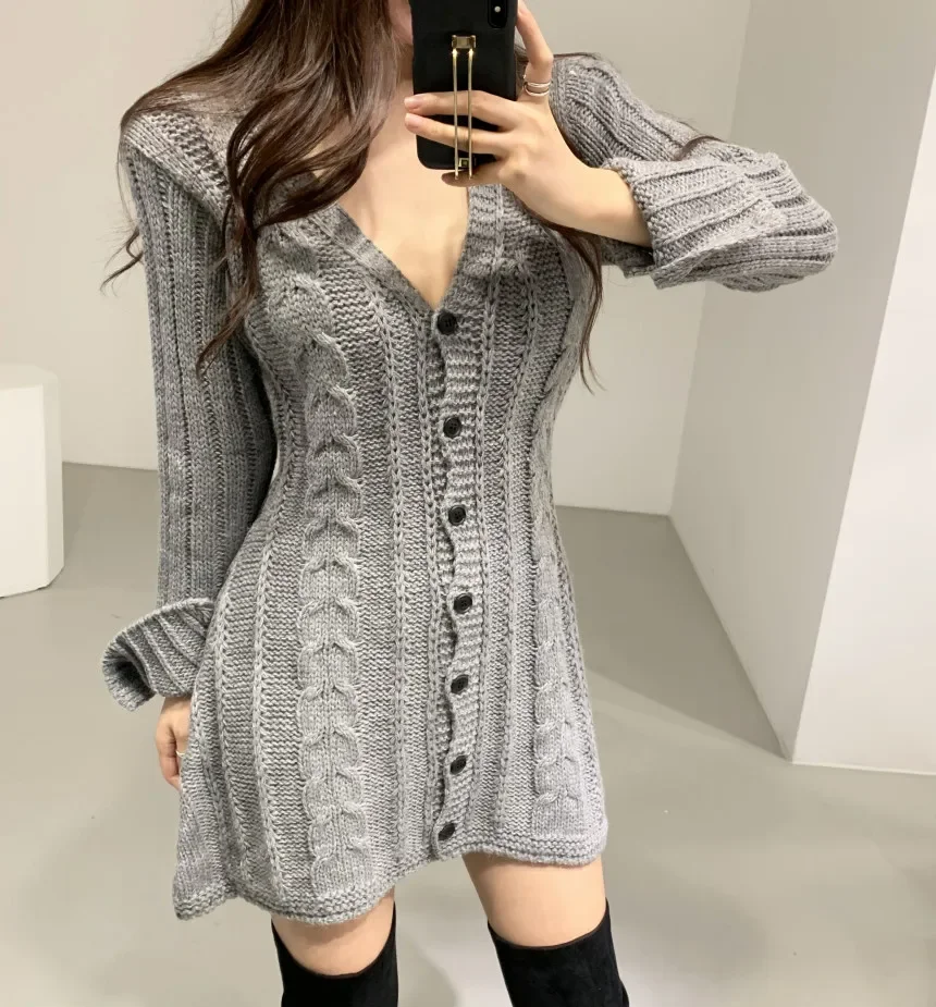 Vestido de camisola para mulheres manga longa cabo malha botão para baixo mini vestido de malha para mulheres adolescente outono inverno roupa chique