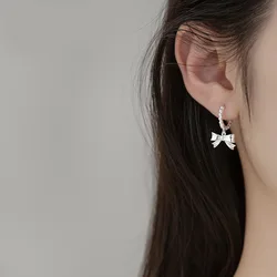 Trendy Sweet Silver Color Bowknot Hoop Earrings For Women Simple Versatile Ear Buckle Birthday Party Jewelry Accessories