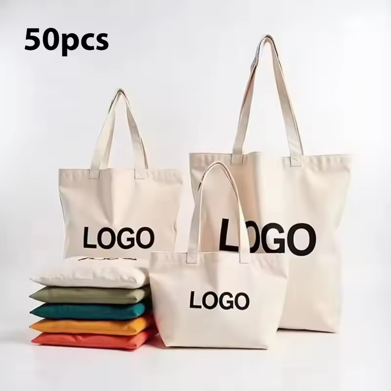 50pcs Bulk Wholesale Cotton Canvas Tote Bag Custom Logo Printed Sublimation Reusable Shopping Bags High Quality Shopping Bags