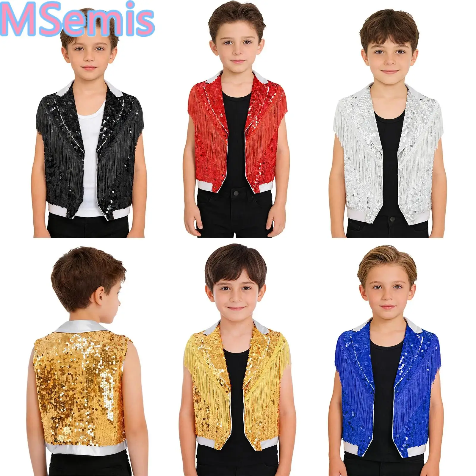 

Kids Boys Jazz Dance Vest Stage Performance Costume Tassel Sparkling Sequin Vest Contrast Color Lapel Collar Sleeveless Tops