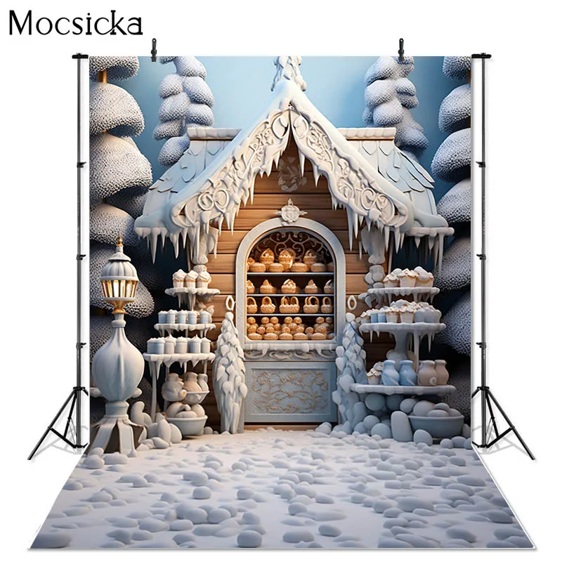 Mocsicka Winter Weihnachten Dessert Shop Hintergrund gefroren Wald Weihnachten Baum Dekor Kinder Porträt Schnee mop Studio Fotografie Requisiten
