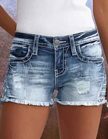 

Ripped denim shorts with stretch, slim fit and versatile design, embroidered denim shorts for women