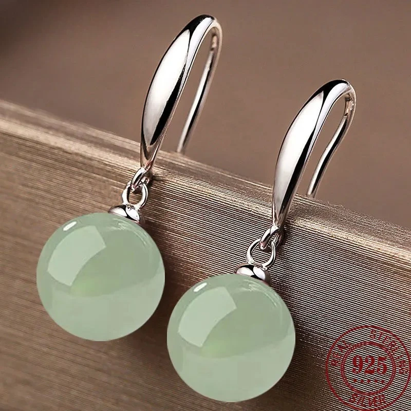

New Retro Palace Green Hotan Jade Earrings For Women 12mm Natural Stone 18k Gold 925 Pure Silver Stud Women's Jewelry