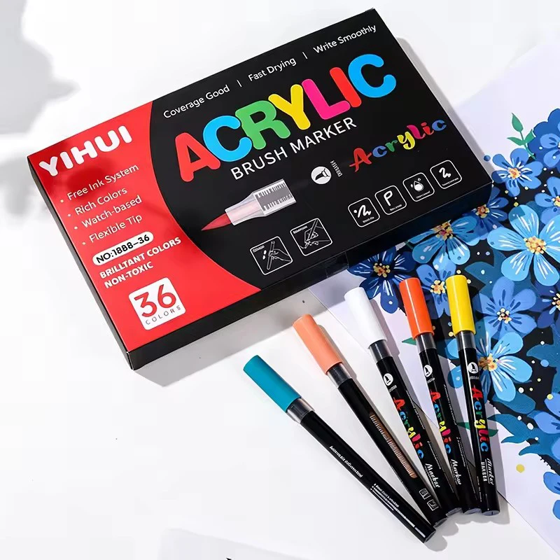 12/24/36/48/60 Farben Acryl-Farbmarker Stift Set mit Weicher Pinselspitze für Stein, Stoff, Glas, DIY-Bastelarbeiten, Geschenke – Detail 3
