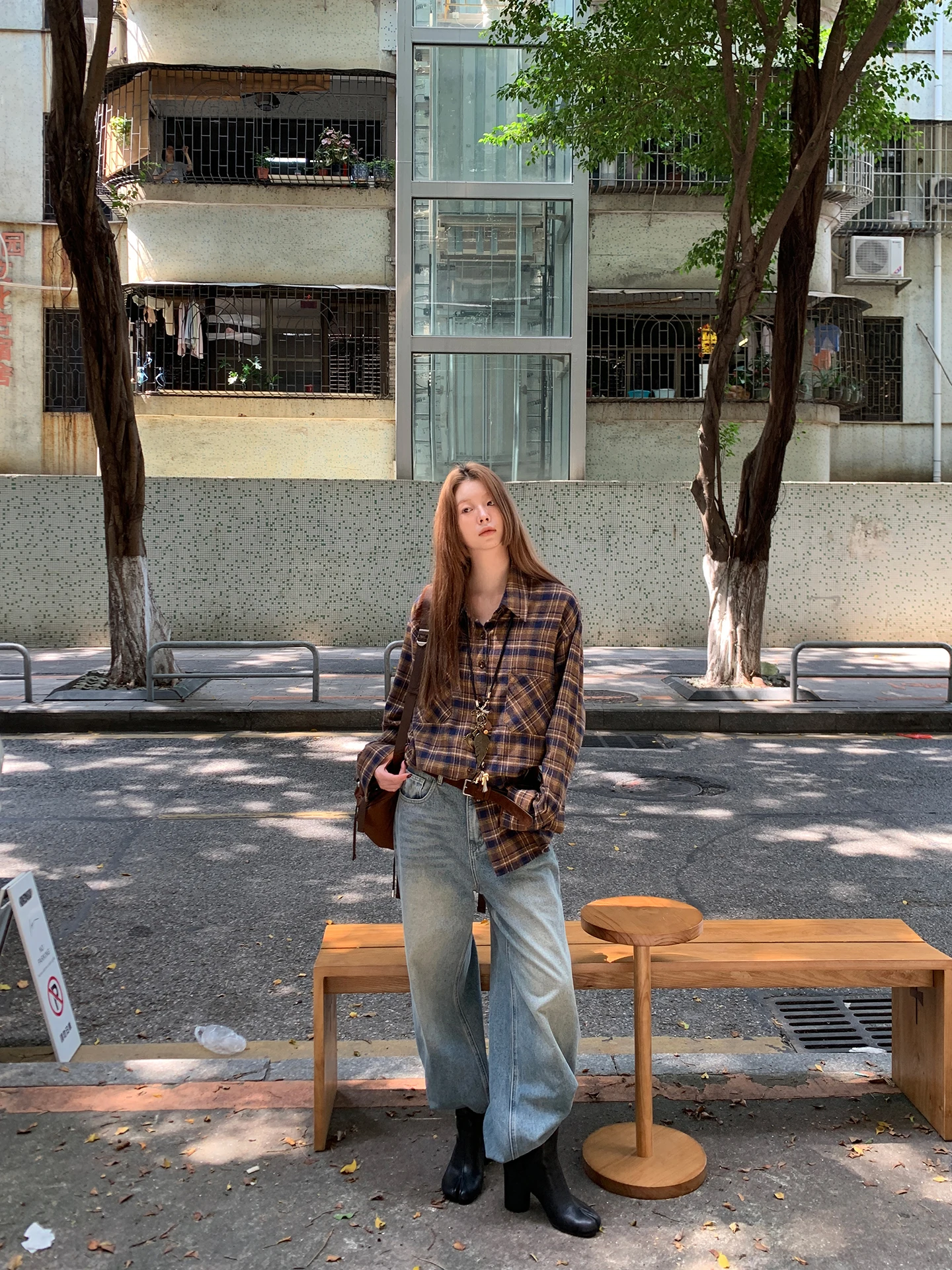 

G Sle шикарный клетчатый свободный женский irt Coffee Lazy Sle осенний воротник с высокой чувствительностью длинный свеч из смеси хлопка из полиэстера