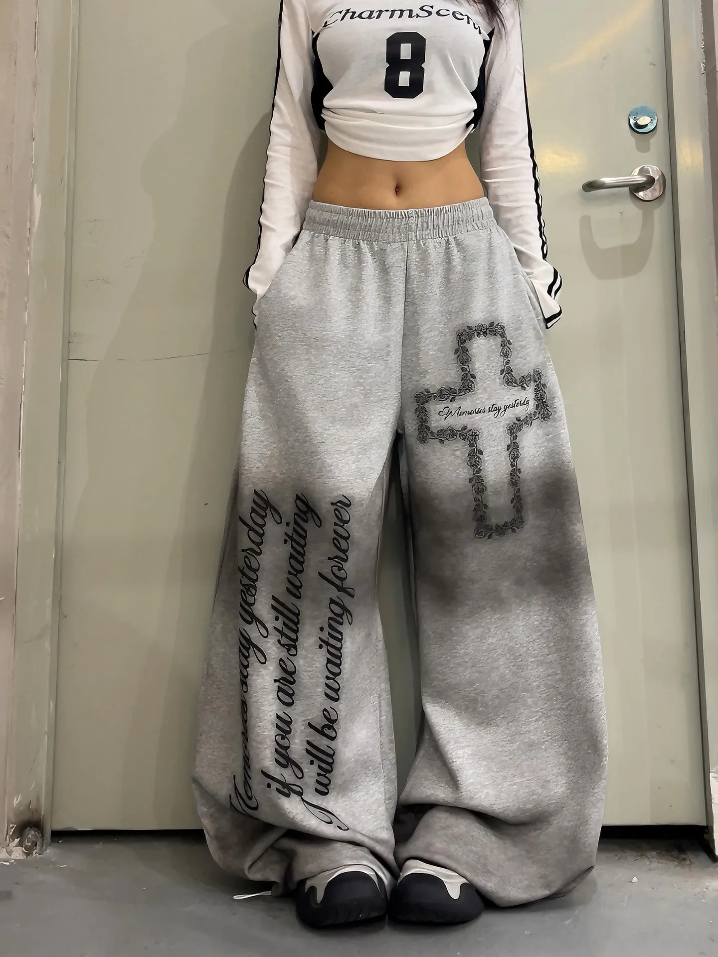 ZHIZOU Women Gray Gothic Baggy Y2k Letter Print Pants Harajuku 2000s Vintage Oversize Sweatpants Wide Leg Trousers Autumn 2026