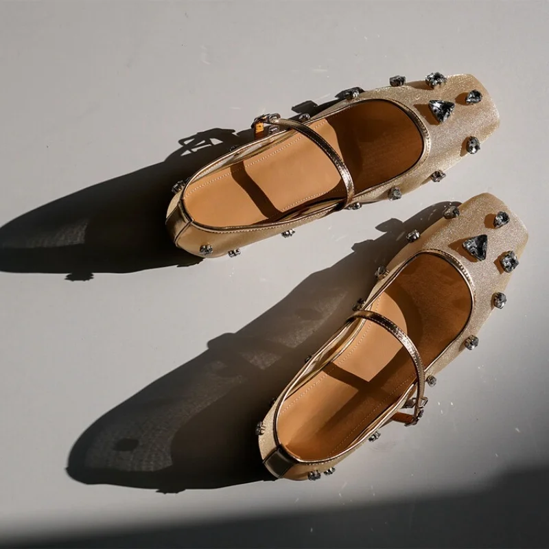 

Spring 2025 New Women's Mary Jane Shoes Square Toe Heel High Mesh Rhinestone Elegant Sweet Shallow Women Single Shoes
