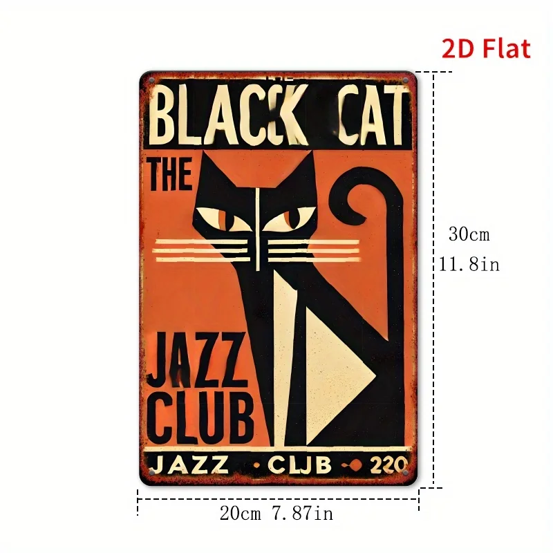 2D Flat Decorative aluminum Sign And Plaque (8 X 12 Inches / 20 X 30 Cm), Black Cat Jazz Geometric Indoor Mural Wall Decor