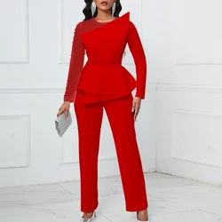 Elegant Jumpsuits for Women 2024 Luxury Round Neck Beaded Full Sleeve High Waisted Straight Female Birthday Party Dinner Outfits