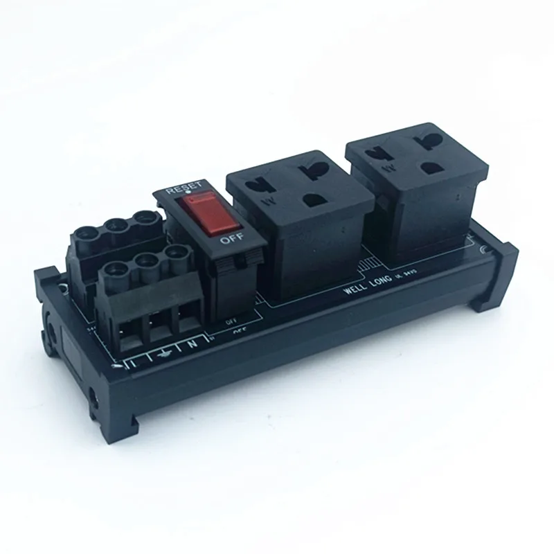 DIN Rail Mount AC 125V Two Receptacles Outlet Power Strip Module,with Rocker Switch Thermal Circuit Breaker Overload Protector