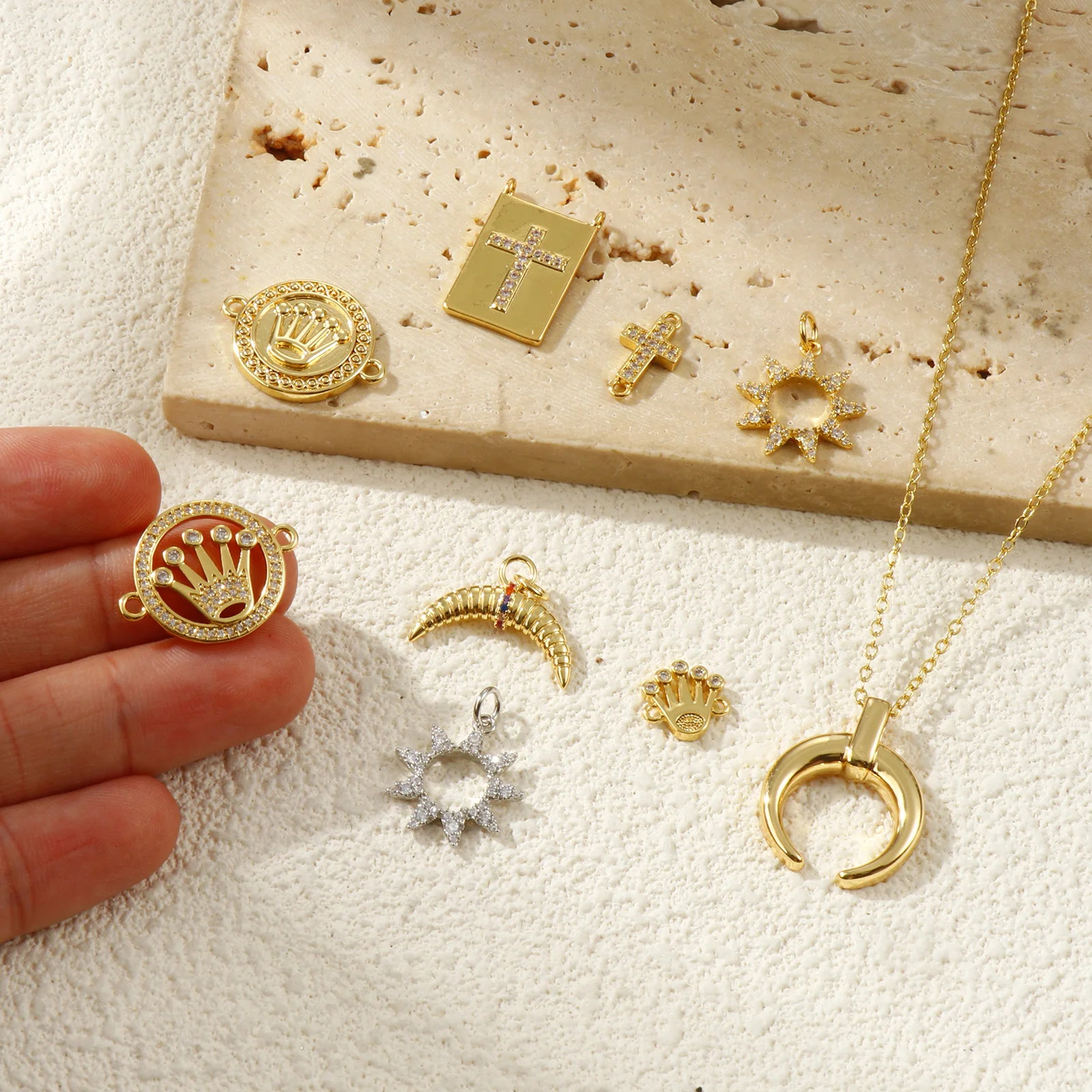 2PCs Hot Brass 18K Real Gold Plated Sun Cross Jewelry Charms Crown Moon Galaxy Pendant Necklace Earrings DIY Findings