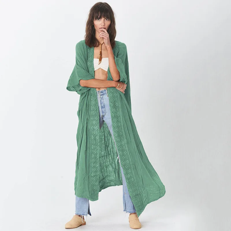 جديد سلوب القطن الدانتيل طويل كيمونو بيكيني يغطي المنبثقة الصلبة شاطئ فستان المرأة الصيف بحر لباس سباحة التستر