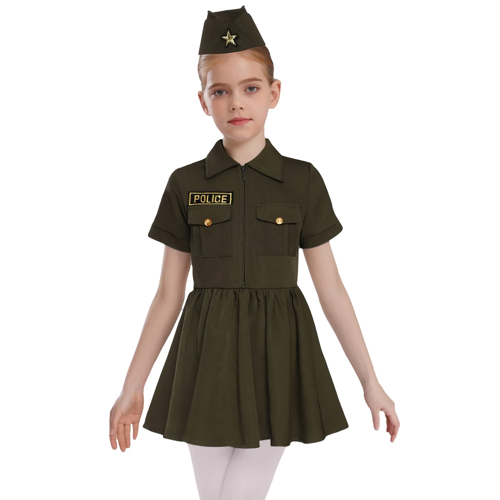 

Костюм полиции для ролевых игр для девочек, темно-синяя униформа пилота, детское платье для косплея на Хэллоуин, платье на молнии с короткими рукавами и шляпой со значком