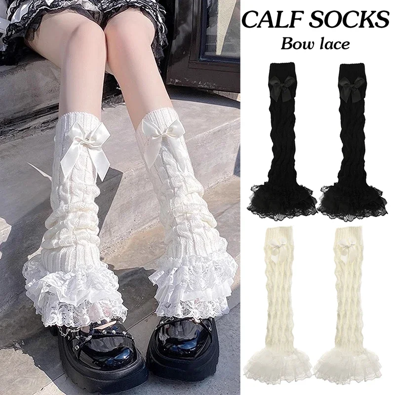Coréen doux filles dentelle jambières tricoté couvre-pied femmes filles Style Lolita solide automne hiver élastique Tube chaussettes avec arc