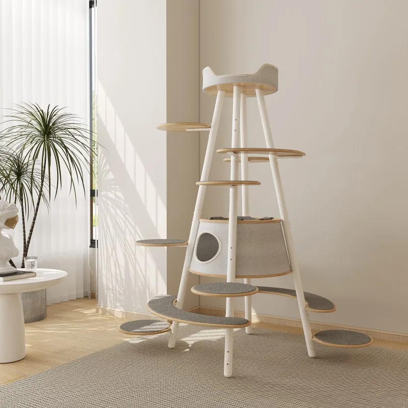 Hot-selling classic  modern large rubber wood environmentally friendly cat tree house iron frame indoor four-layer durable