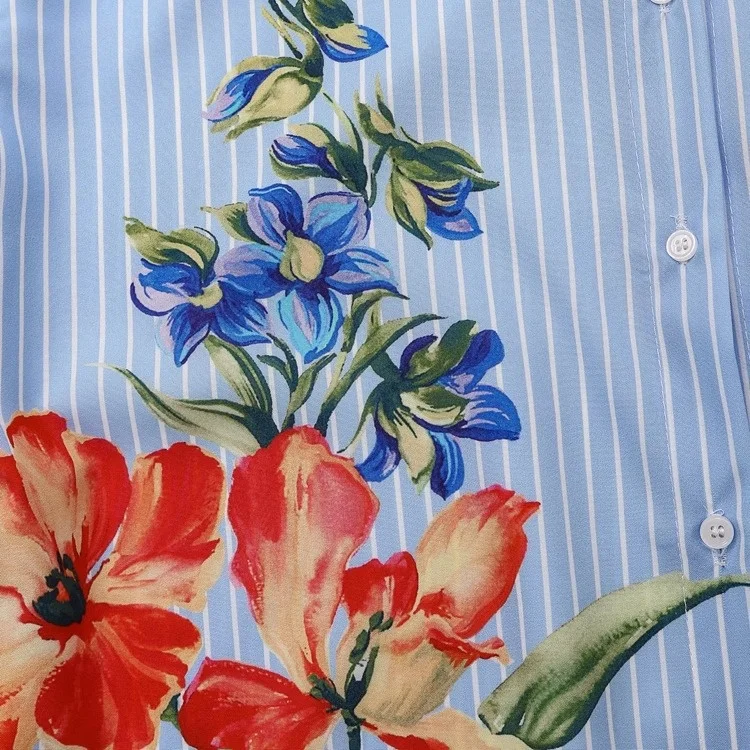 JNLEAOG femmes irt imprimé fleuri rayé coupe ample longue Sve fibre de Polyester résistant à la déformation automne nouveau Sle