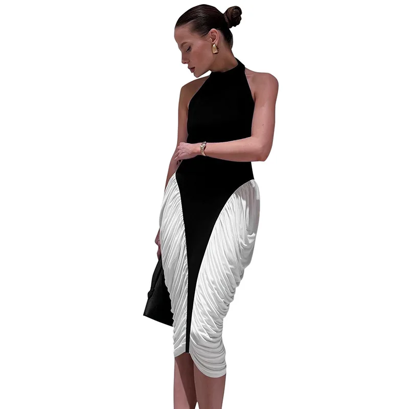 ชุดเดรสยาวเปิดหลังสไตล์ชิค ตัดต่อผ้าแบบแพทช์เวิร์ค เอวสูง สายคล้องคอ เซ็กซี่ เหมาะสำหรับงานปาร์ตี้ ชุดเดรสเข้ารูปสำหรับผู้หญิง