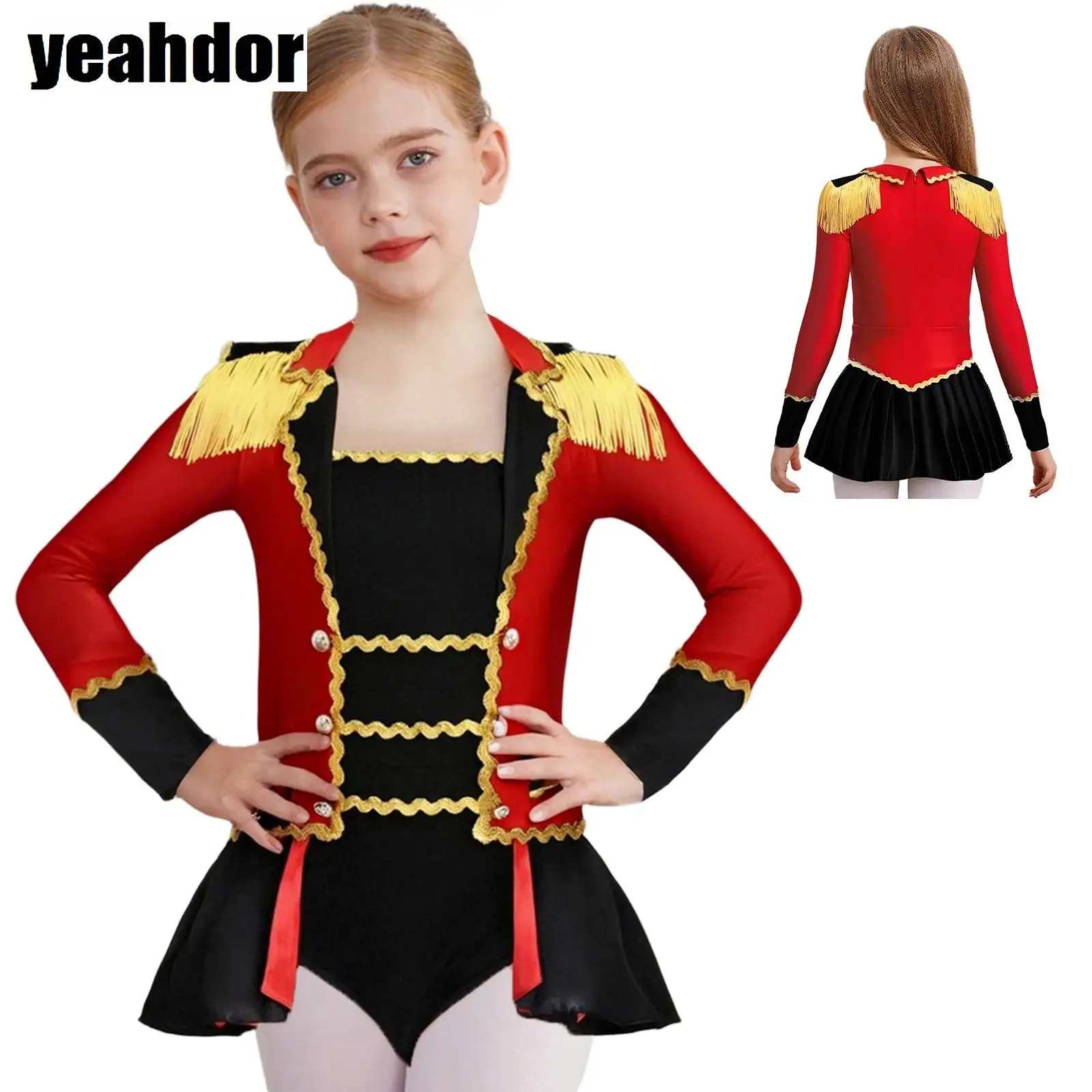 

Girls Circus Performance Costume Halloween Ringmaster Jumpsuit Gold Trim Long Sleeve Shoulder Epaulets Tassels Pleated Leotard