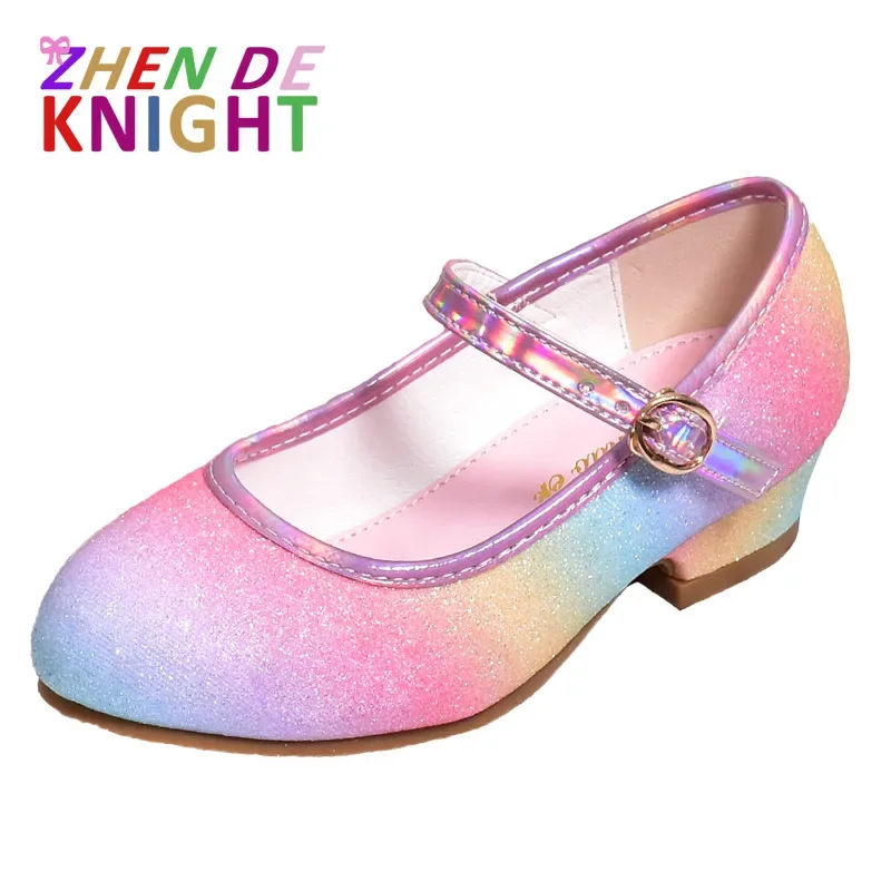 

Girls' Leather Shoes 2024 New Rainbow Sequins Children's High Heels Dress Party Performance Girls' Princess Shoes