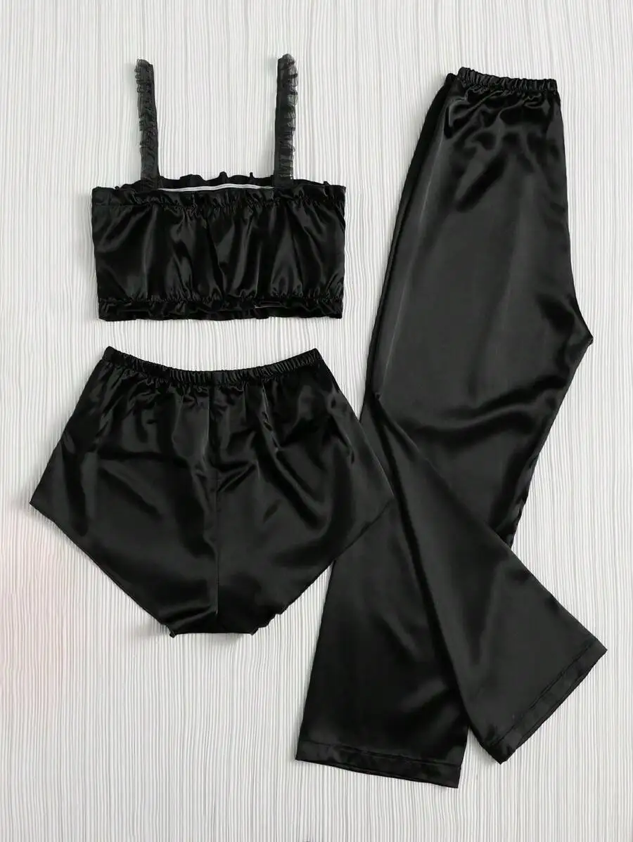 Black Color Pleated Satin Pajamas Set Including Camisole Shorts And Long Pants Silk Women Sexy Sleepwear Summer Lingerie Bra