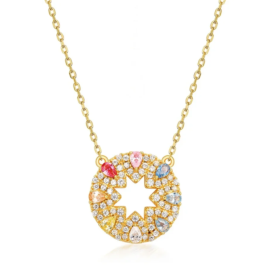 

ALLNOEL 925 Sterling Silver Necklace For Women Colorful Stone Rainbow Zircon Gold Plated Circle Pendant Vintage Jewelry Gifts