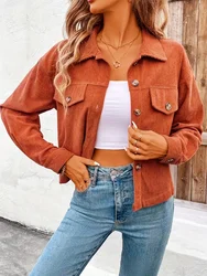 Button Front Corduroy Jacket Casual Long Sleeve Lapel Crop Jacket Women's Clothing