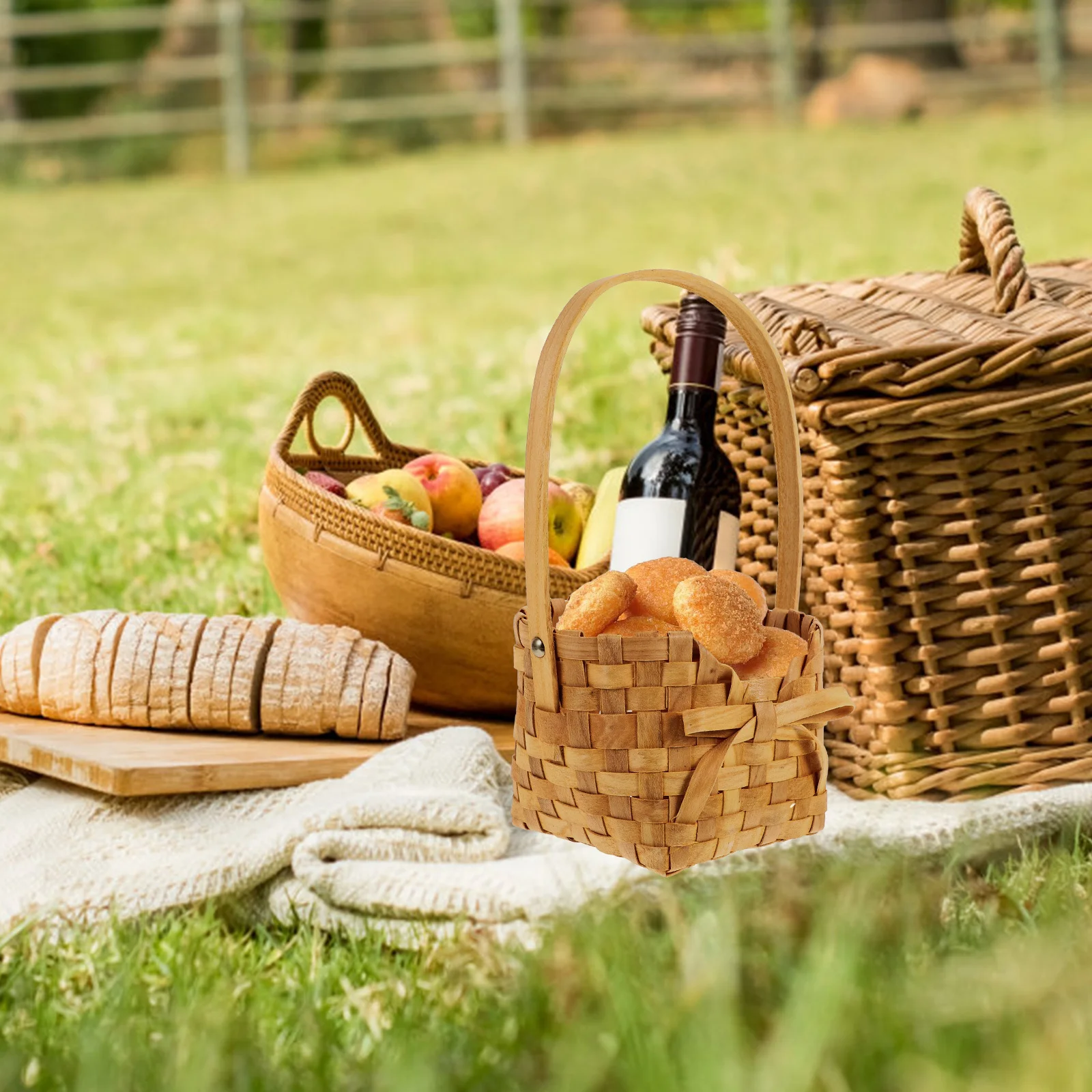 

Handmade Bamboo Woven Basket Sturdy Storage Basket Rustic Picnic Bread Dessert Holder Portable with Handle Fruit Woven Holder