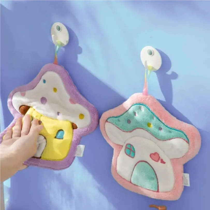 

1pcs Cute Mushroom House Hand Towel Quick Drying Kitchen Towel Cleaning Rag Coral Velvet Absorbent Hanging Towel Bathroom
