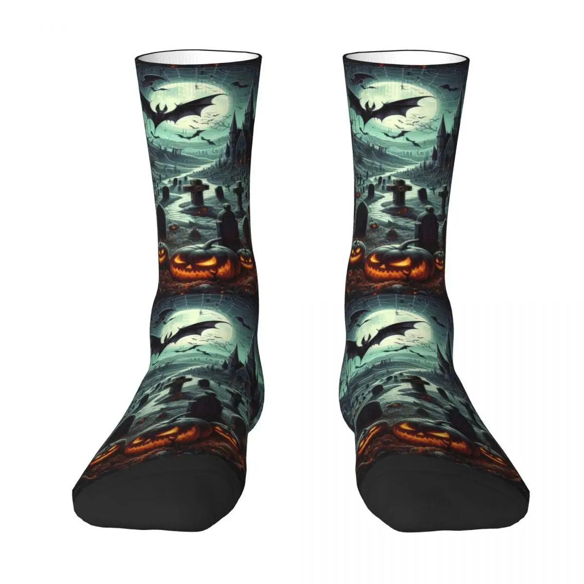 Bats Over Cemeteries And Glowing Pumpkins Halloween Socks Harajuku Stockings All Season Long Socks for Unisex Christmas Gifts