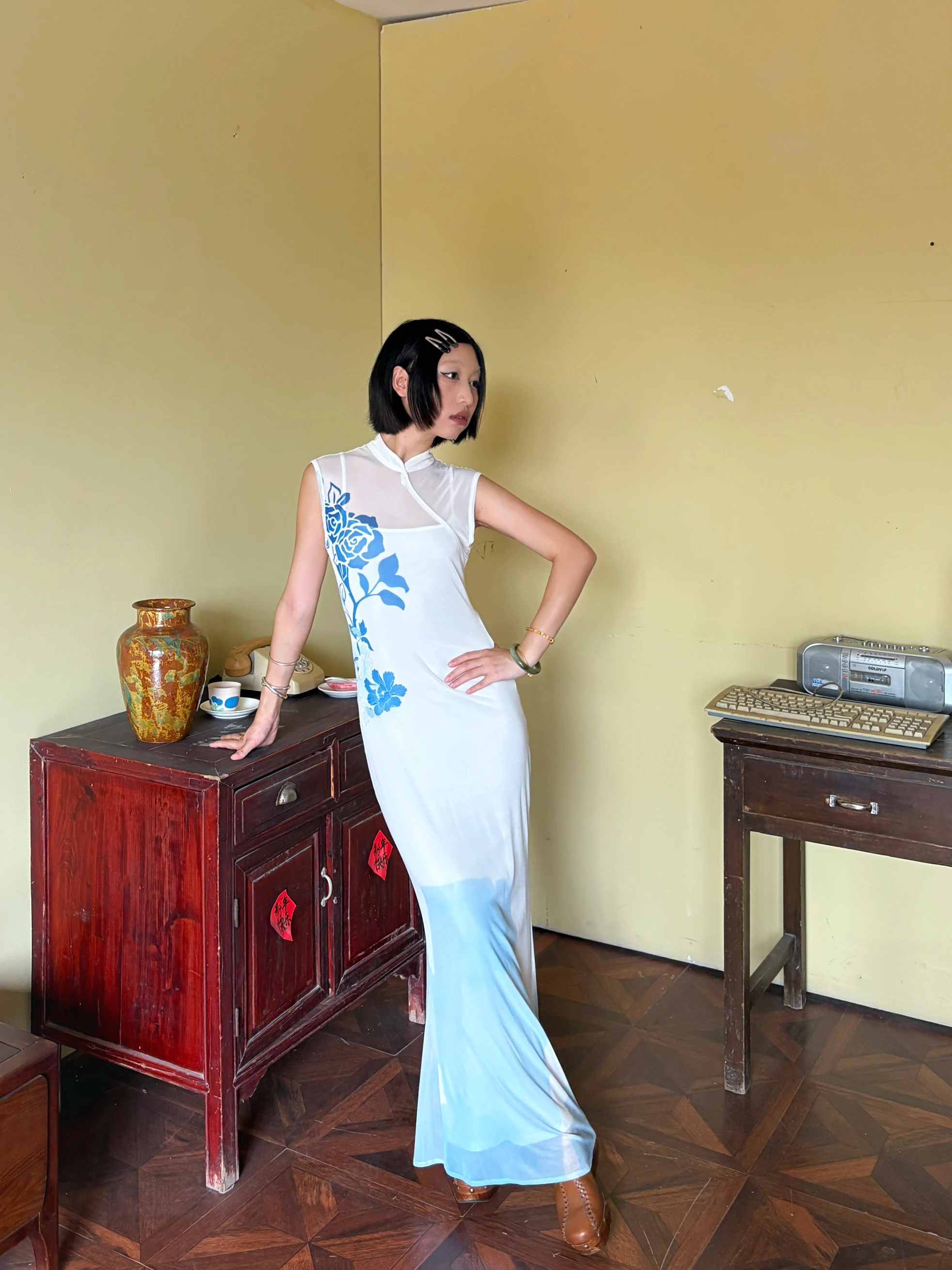 

New Chinese Sle Retro Improved Fi Tail Dr SIKUO Original Design Netting Slim Fit Flag Robe Long Summer Gown