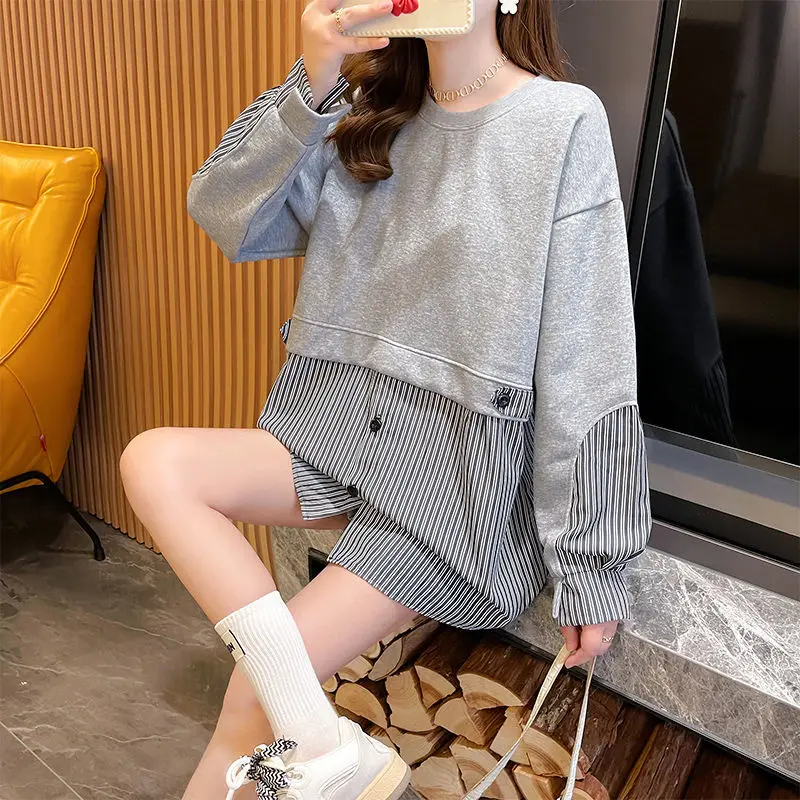 O-neck Pullovers Long Sleeve Buttons Patchwork Striped Casual Women's Clothing Fashion Loose Office Lady Simplicity T-Shirts