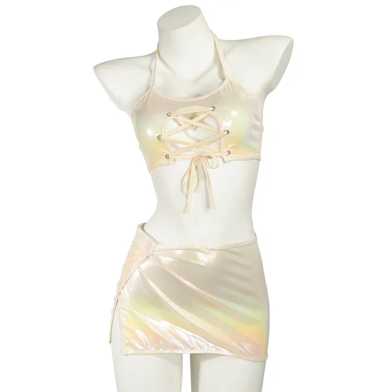 Sexy Open Chest Hollow Bandage Swimsuit Women Laser Two Piece Set Halter Swimwear Anime Cosplay Bikini Maid Nightdress MN5