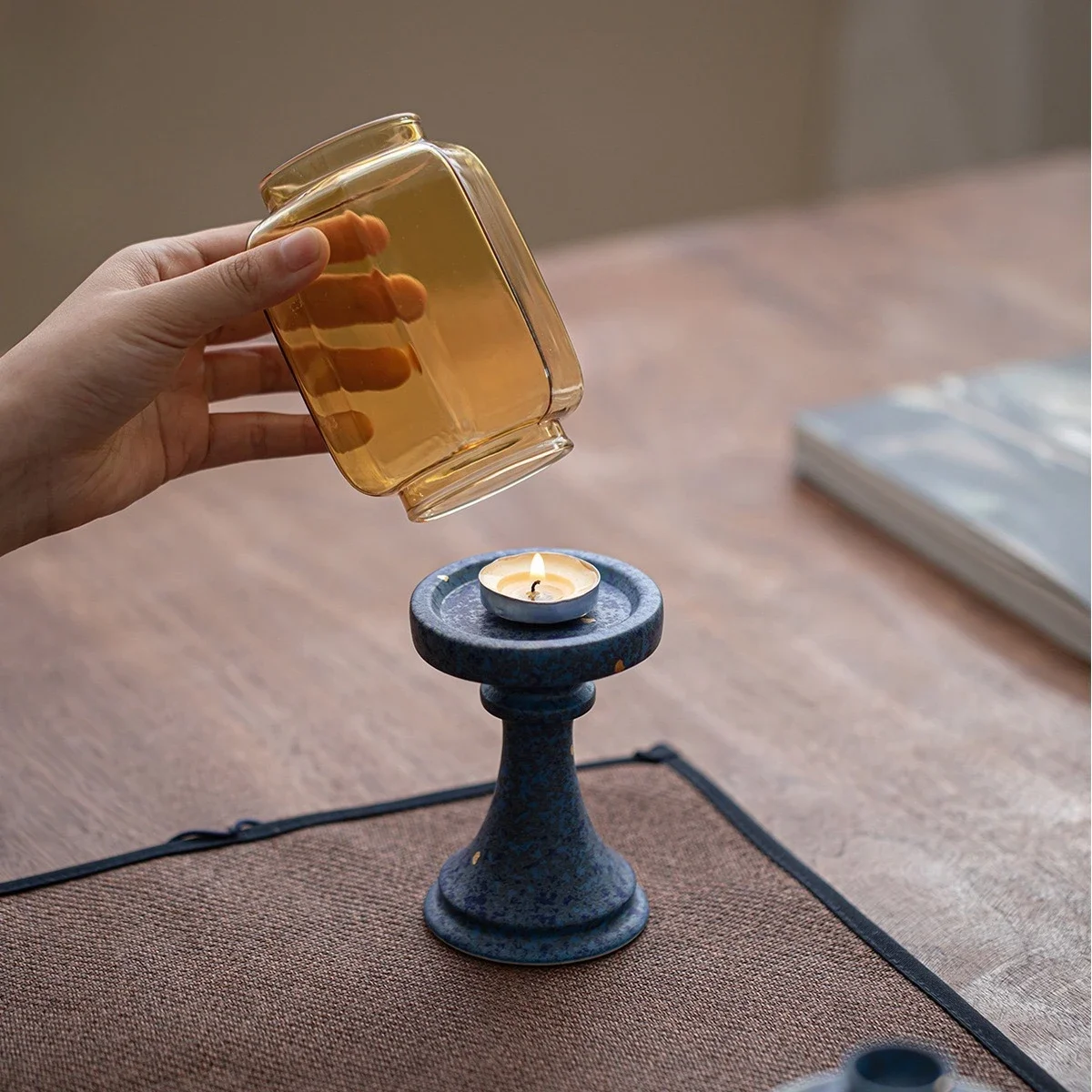 Sapphire Blue Golden Candlestick Windproof Glass Lampshade Ambient Light Zen Candle Aromatherapy Chinese Advanced Ornament Gifts