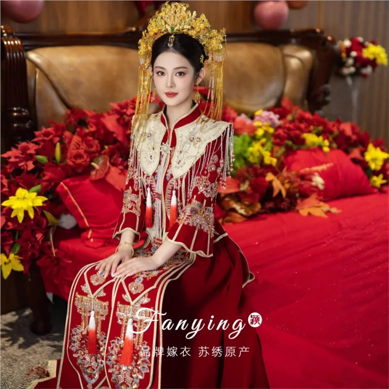 

New velvet wedding dress for brides Chinese-style toasting and heavy industry
