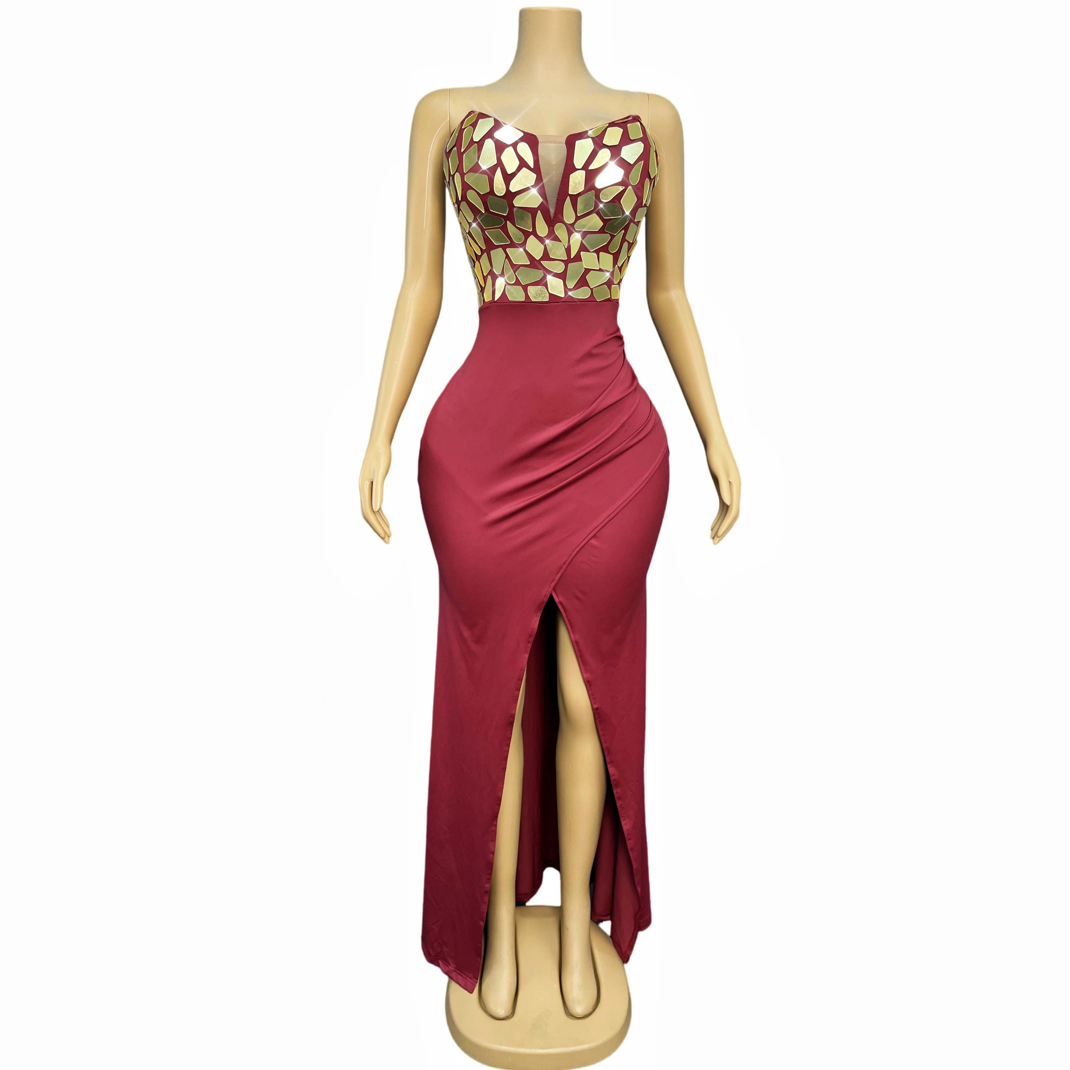 

New High-end Shiny Gold Mirrors High split Tube Dress Cocktail party Wedding Evening Gown Red carpet Show Elegant Outfit LIjin