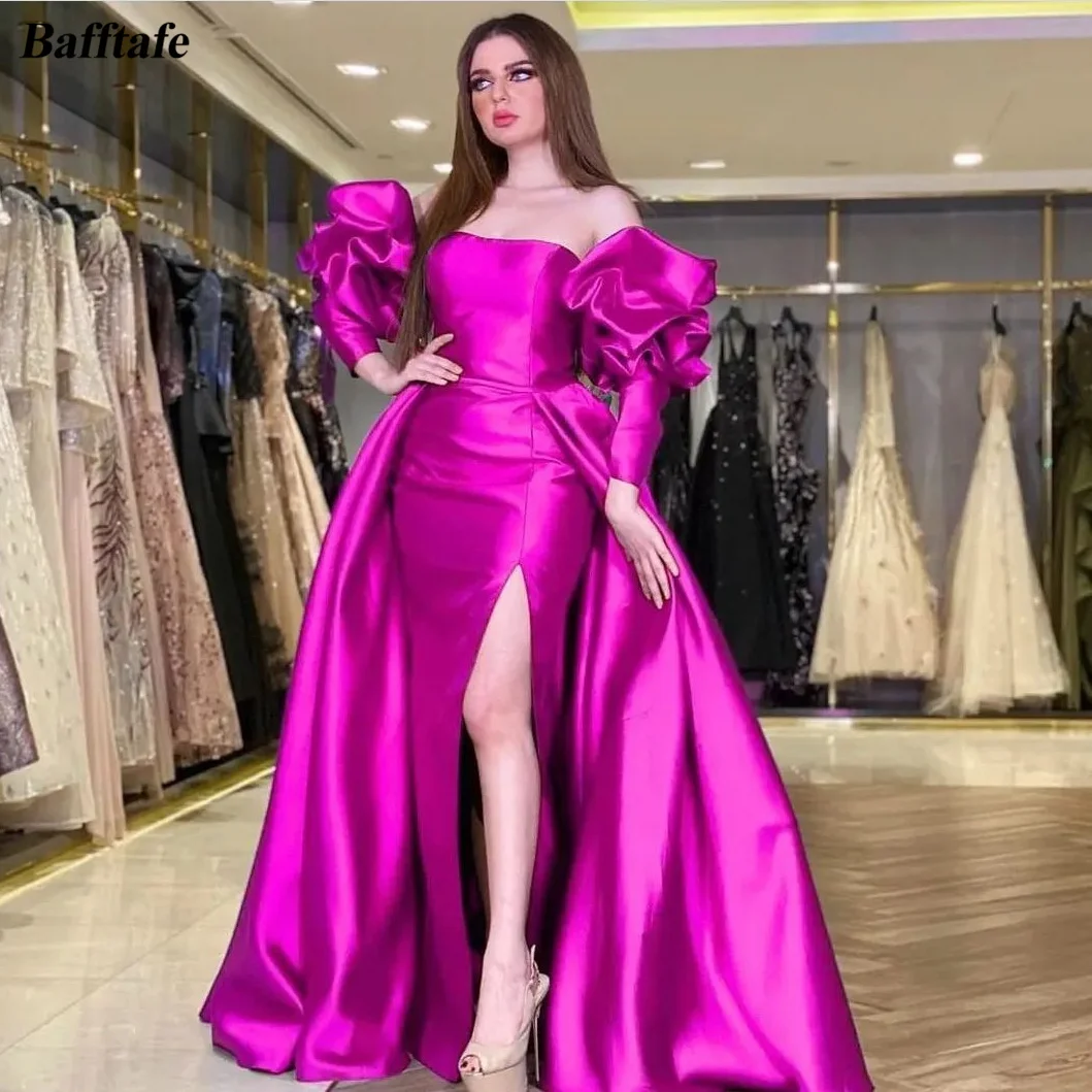 

Mermaid Satin Long Sleeves Evening Dresses Arabia Side Split Customized Prom Gowns Overskirt Formal Specail Occasion Party Dress