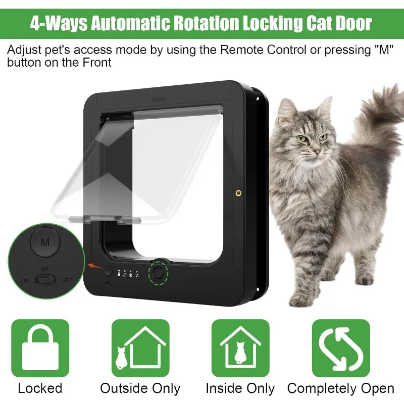 Puerta inteligente para gatos para interiores y exteriores, puerta para mascotas con microchip y 2 llaves con sensor de cuello y 1 control remoto