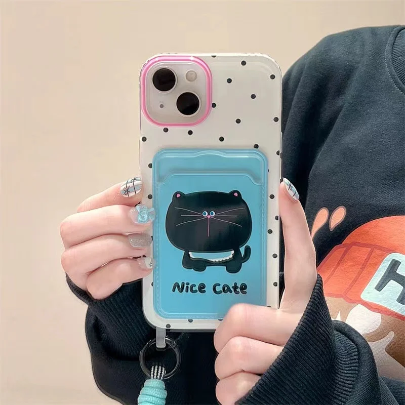 Card bag funny cartoon polka dot black cat phone case with   For iPhone 15 14 Plus X XS XR 11 12 13 Pro Max Silicone Cases Cover