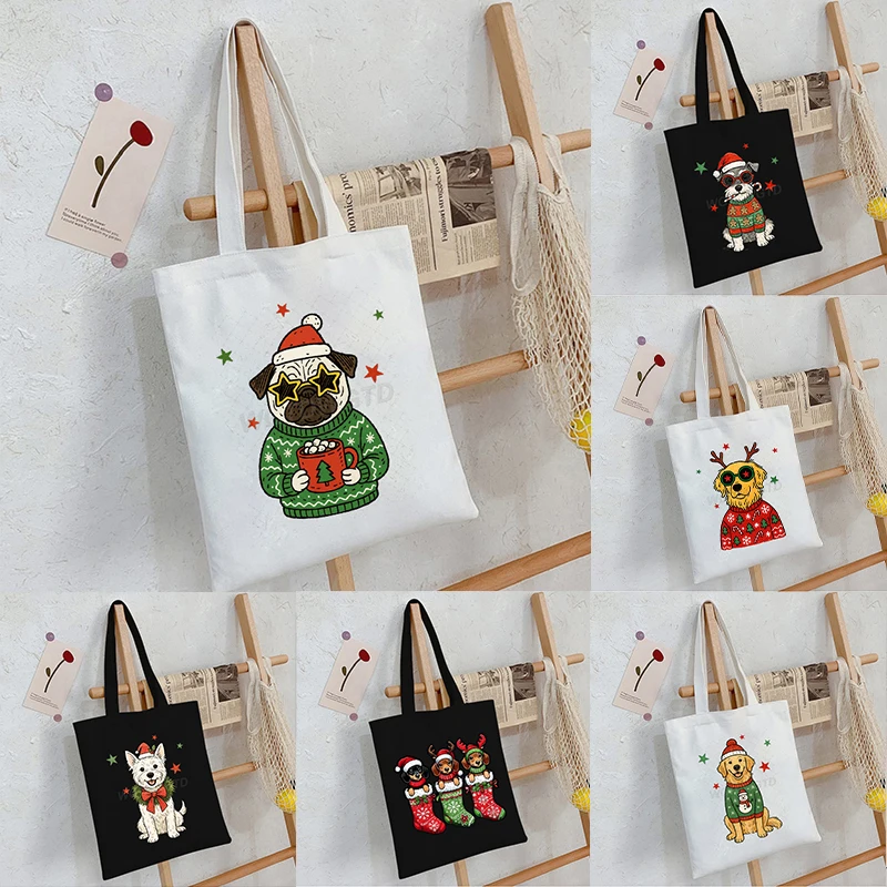 

Cartoon Christmas Dog Tote Bag Fun Golden Retriever Bulldog Dachshund Dachshund Shopping Bags Fashion Christmas Women's Handbag