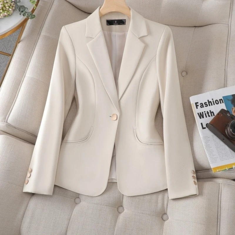 

Women Blazers Coats Solid Suits Jackets Pocket Notched Collar Long Sleeves Single Button Slim Fit Office Lady 2025 Spring Autumn