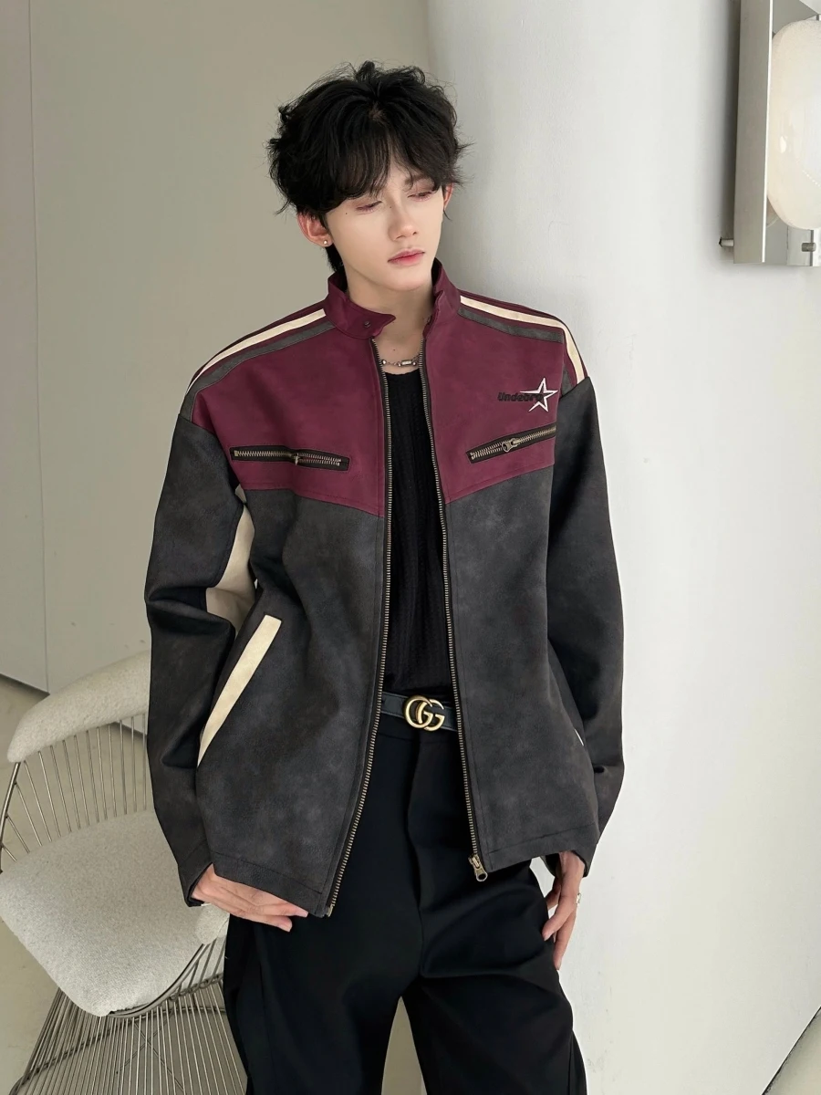 

Retro American Motorcycle PU Leather Suede Collar Jaet Men's Loose Sli Street Splice Color Couple's Outerwear