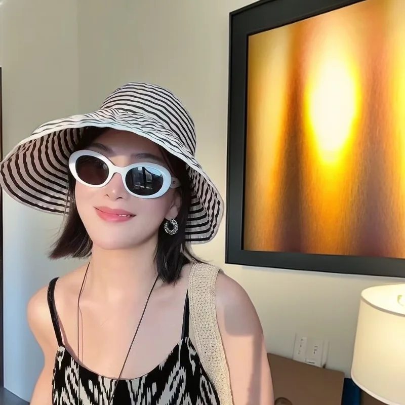 اليابانية طوي مخطط قبعة بحافة المرأة الصيف جديد كبير محيط الرأس قبعة الشمس الرجعية موضة واقية من الشمس حوض قبعة 2