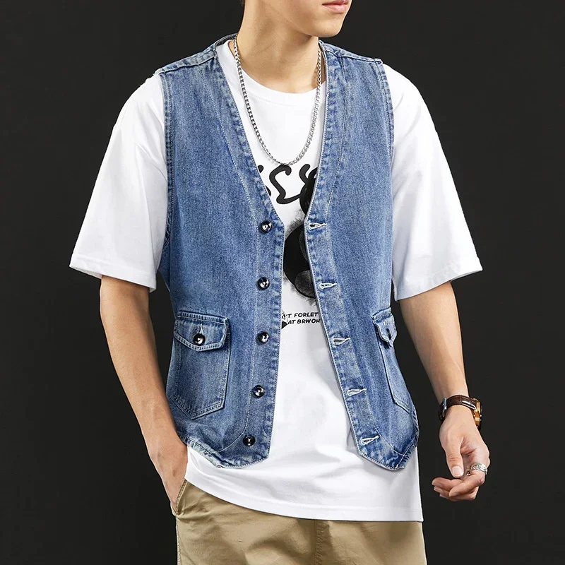 TFETTERS 2025 Mens Denim Sleeveless Vest Loose Cargo Casual Summer New Collarless Jacket Male Retro Japan Daily Mans Clothing