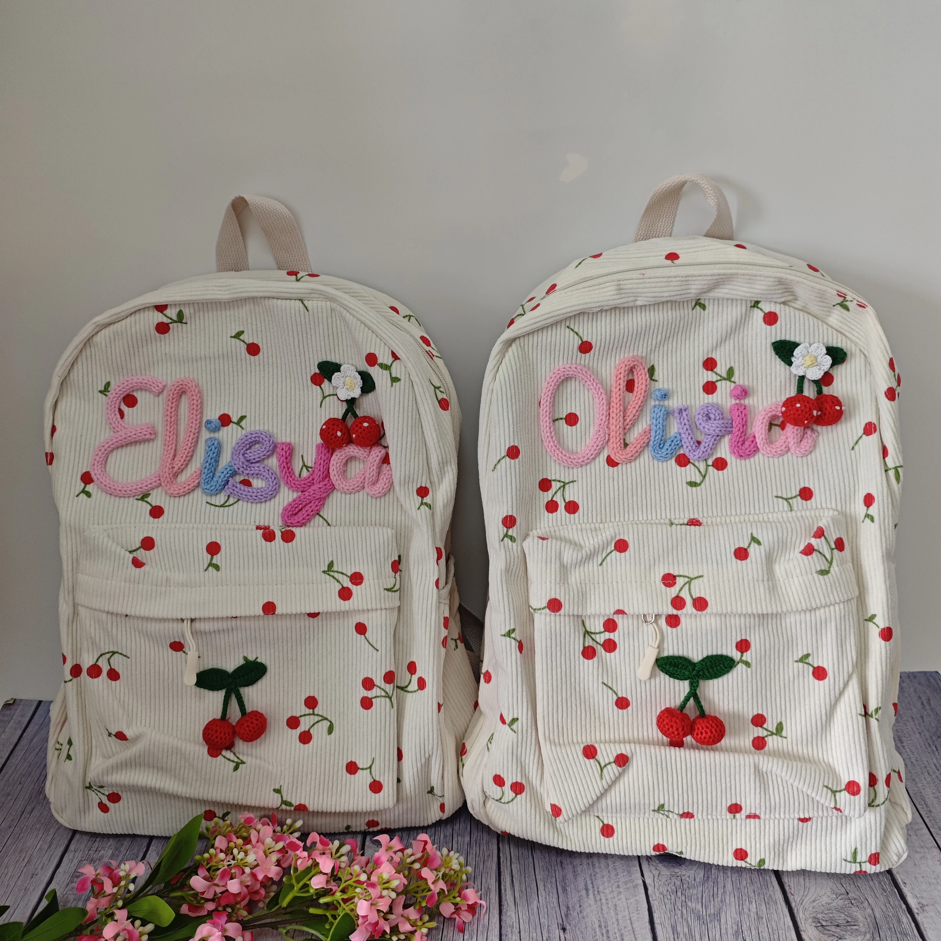 Personalized Cherry Backpacks For Girls Boys New Custom Unique Name Design Multicolorful Decorations Travel Bags For Outdoors